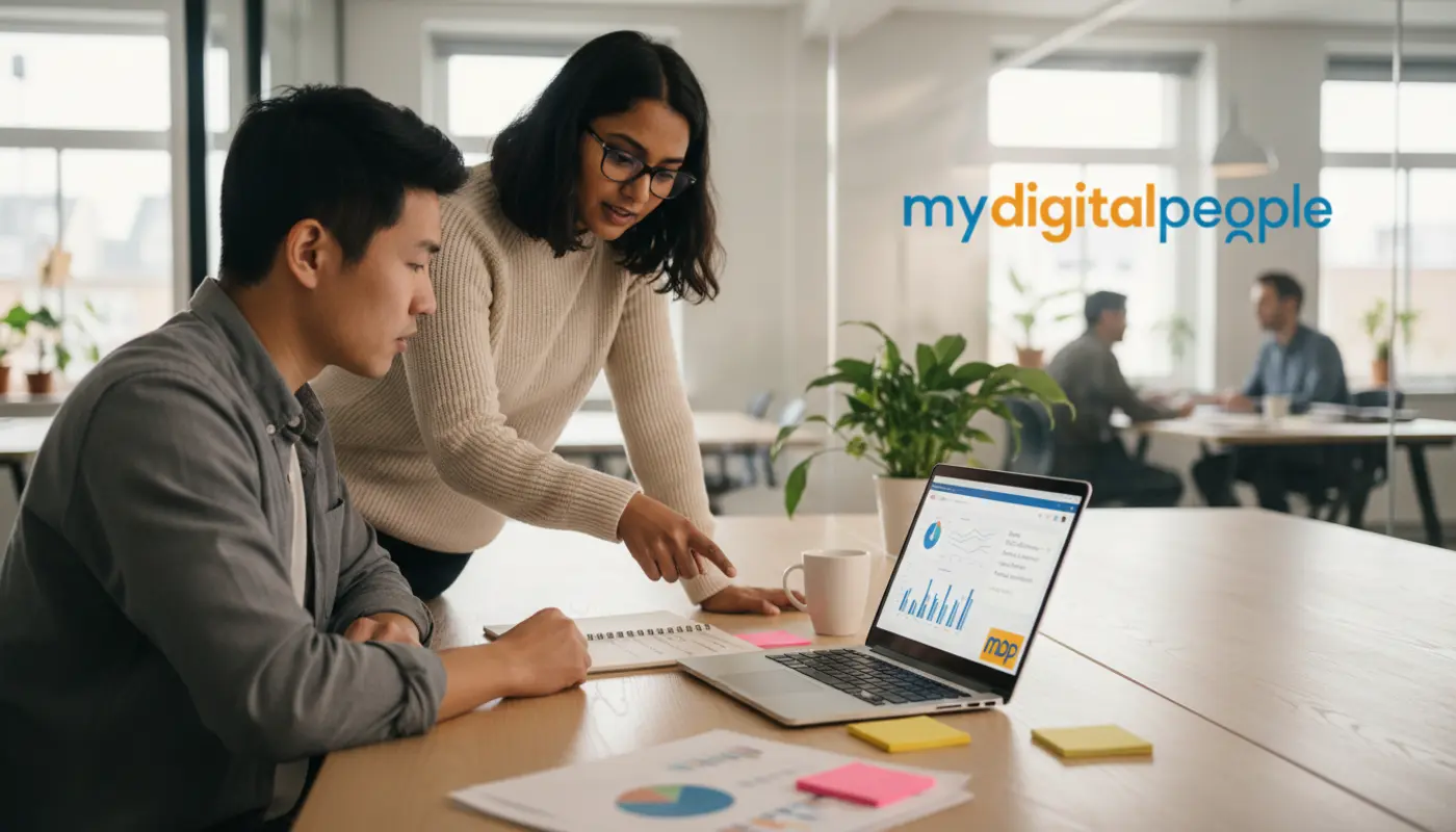 Professionals learning AI tools in a modern office workspace with analytics and notes