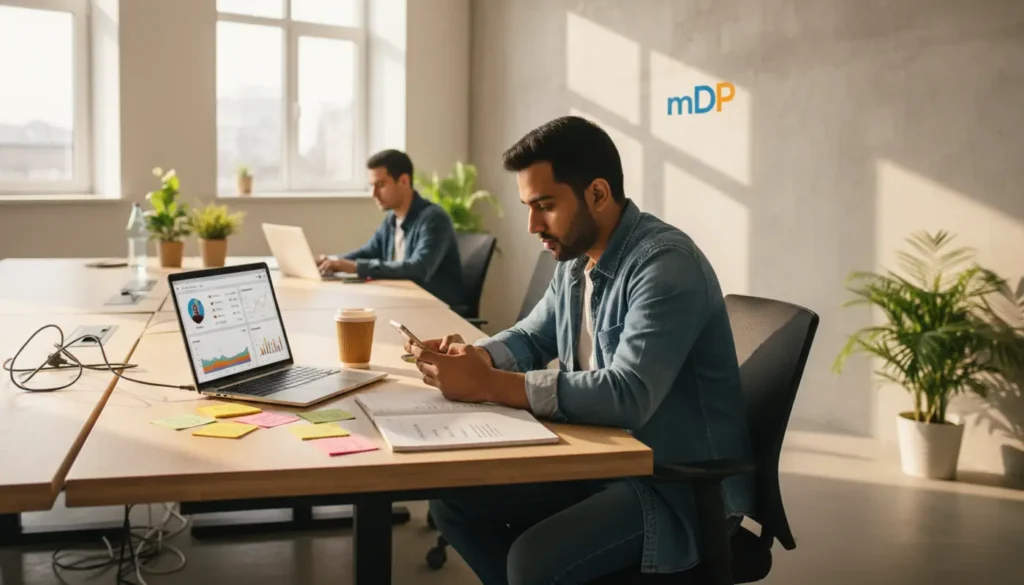 Professional in office looking fatigued while scrolling social media at work desk