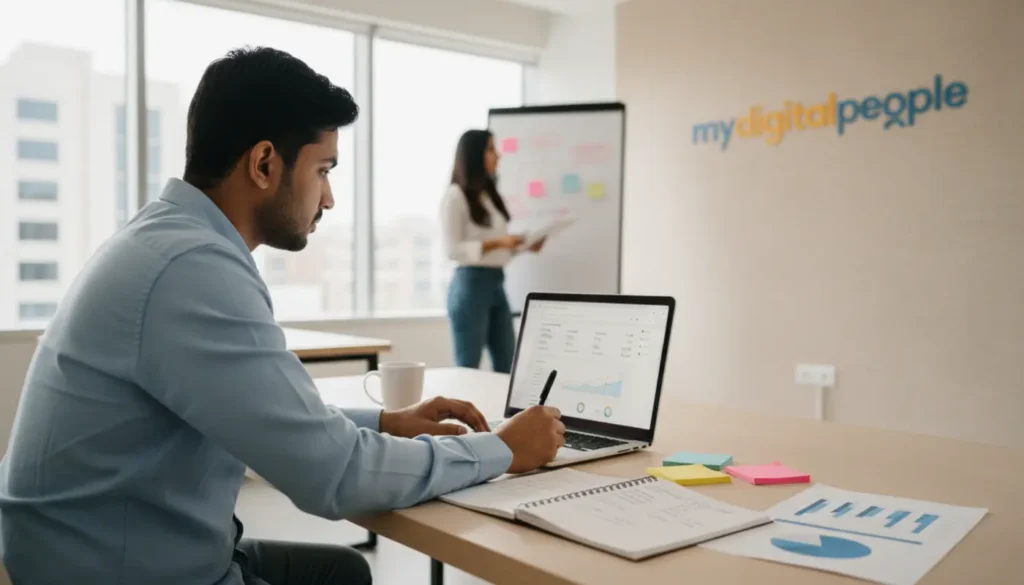 Marketer analysing PPC ad performance on laptop in a modern digital agency office