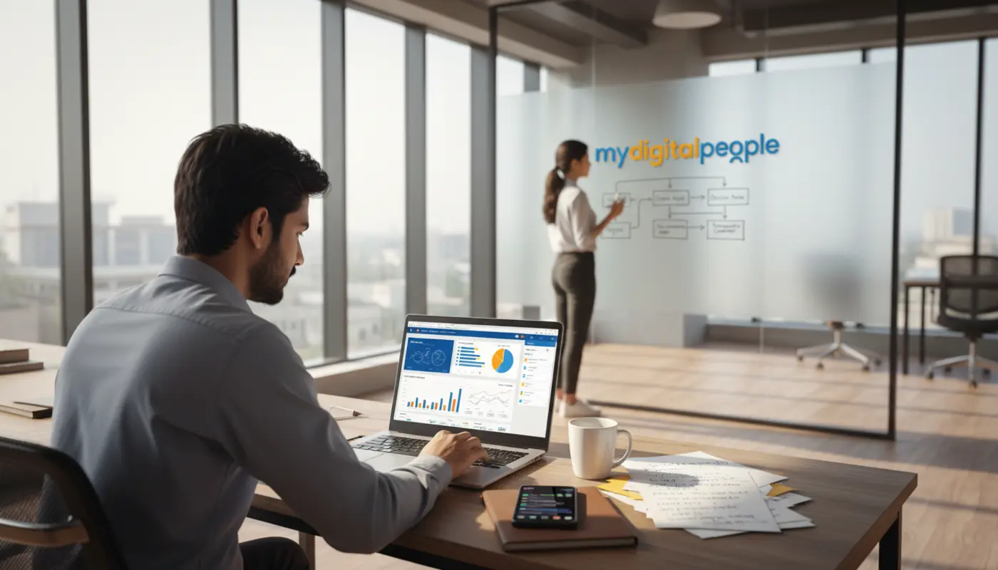 Team analysing AI-driven business data and automation workflows in a modern office