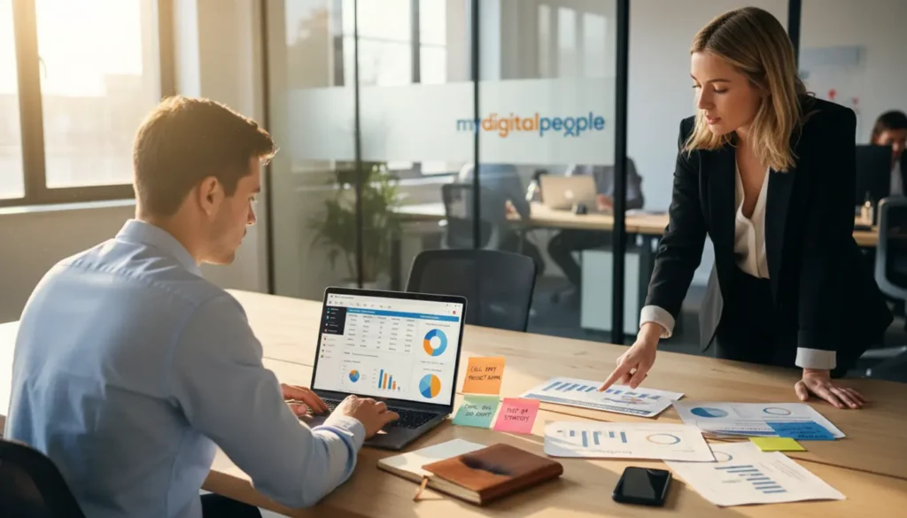 Team reviewing CRM dashboard and sales pipeline in a modern digital agency office
