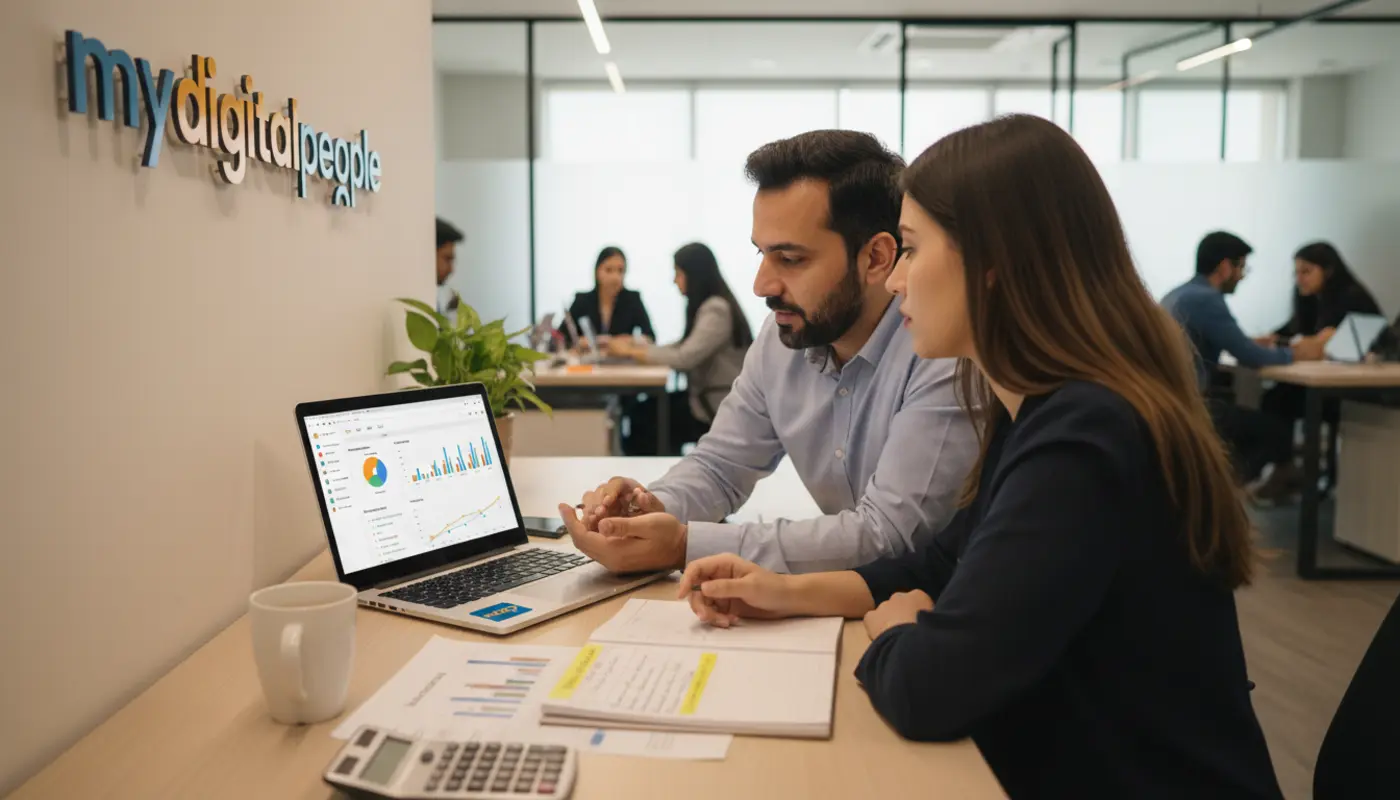 PPC consultant reviewing ad spend reports with a client in a modern agency office