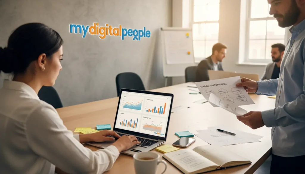 Digital marketers reviewing blog performance and lead generation strategy in a modern agency office