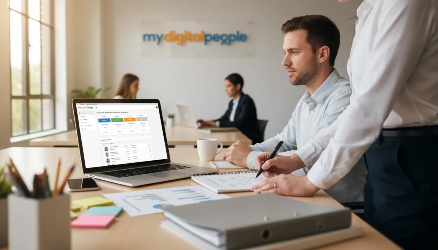 Professionals using a cloud CRM dashboard to streamline daily workflows in a modern office