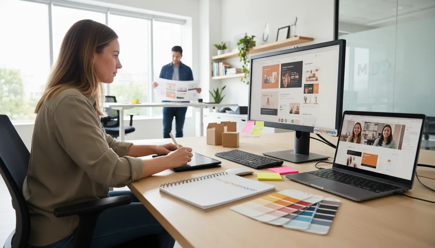 Remote graphic designer creating online business visuals in a modern agency workspace