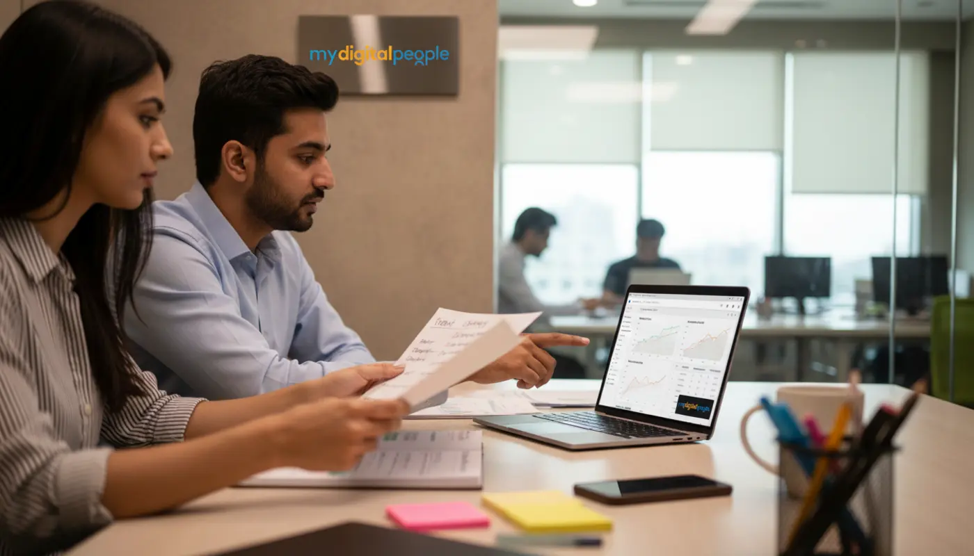 SEO analysis and keyword research meeting in a modern digital marketing agency office