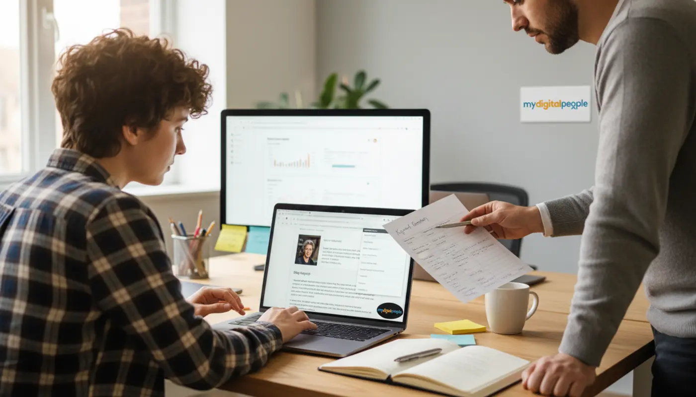 Content marketers reviewing on-page SEO metadata and headings in a modern agency office