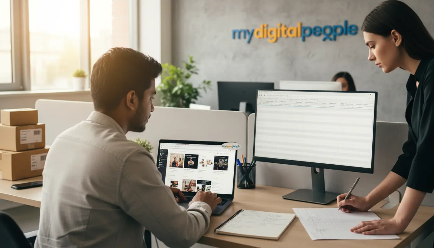 Shopify market research scene with agency team analysing competitor store apps in a modern office