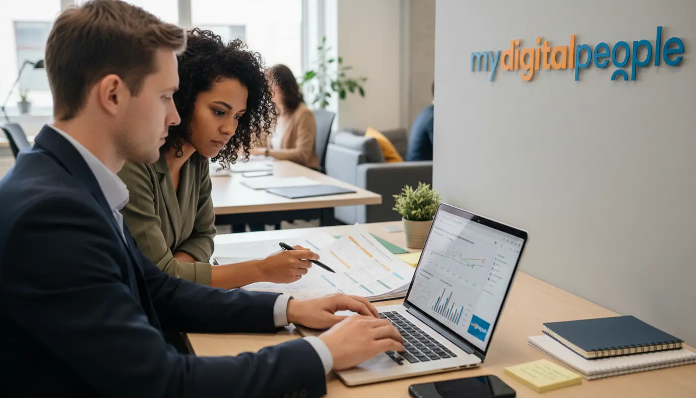 Agency team reviewing social media analytics and content calendar in a modern office
