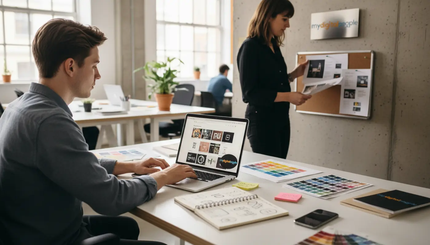 Graphic designer building a portfolio website in a modern agency workspace with branded MDP details