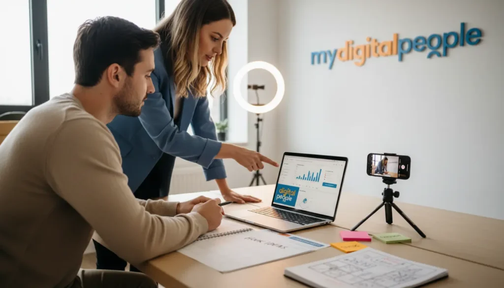 Marketing team planning a social media viral video strategy in a modern agency office