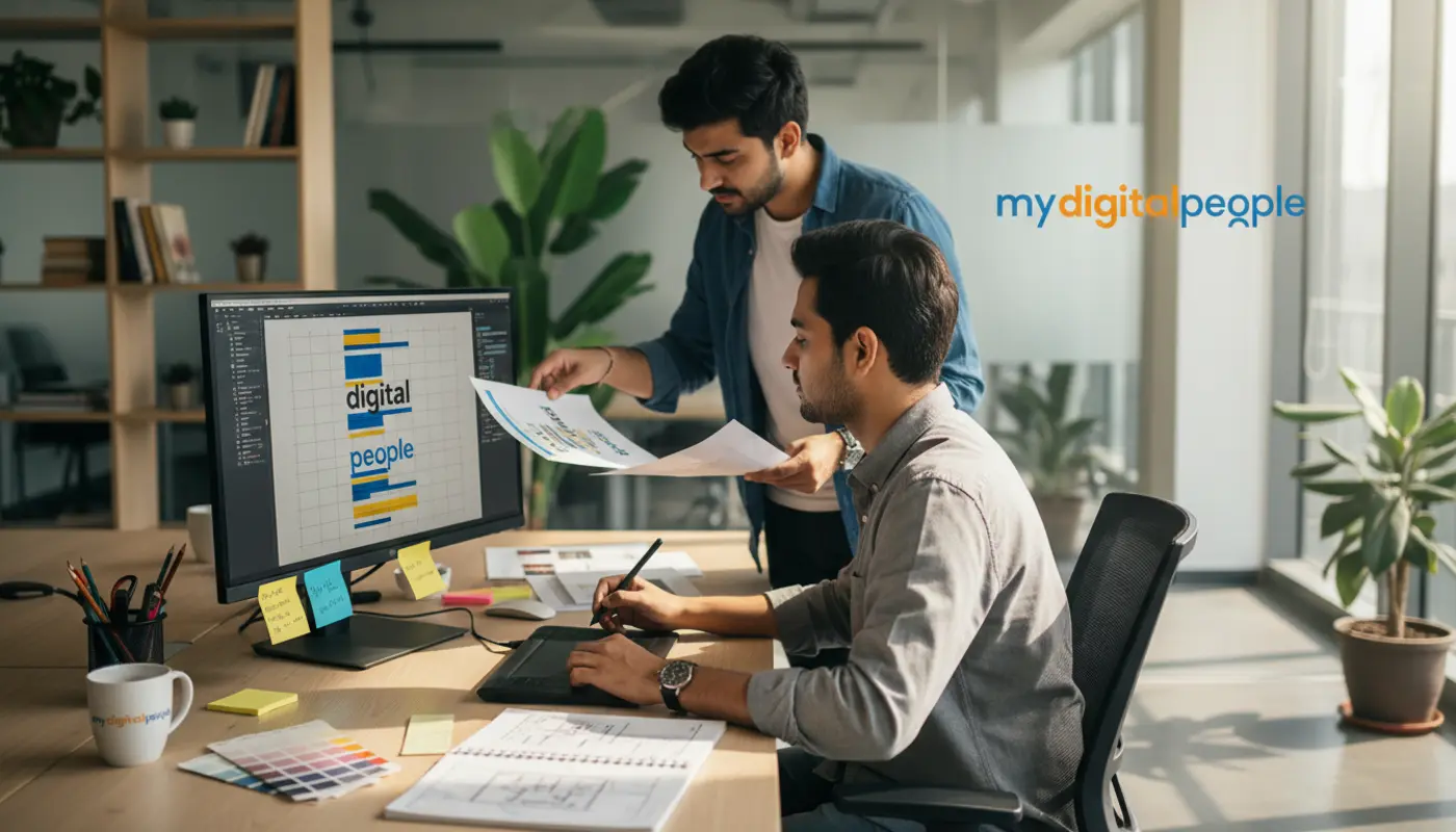 Graphic designer working on layout and typography in a modern agency office