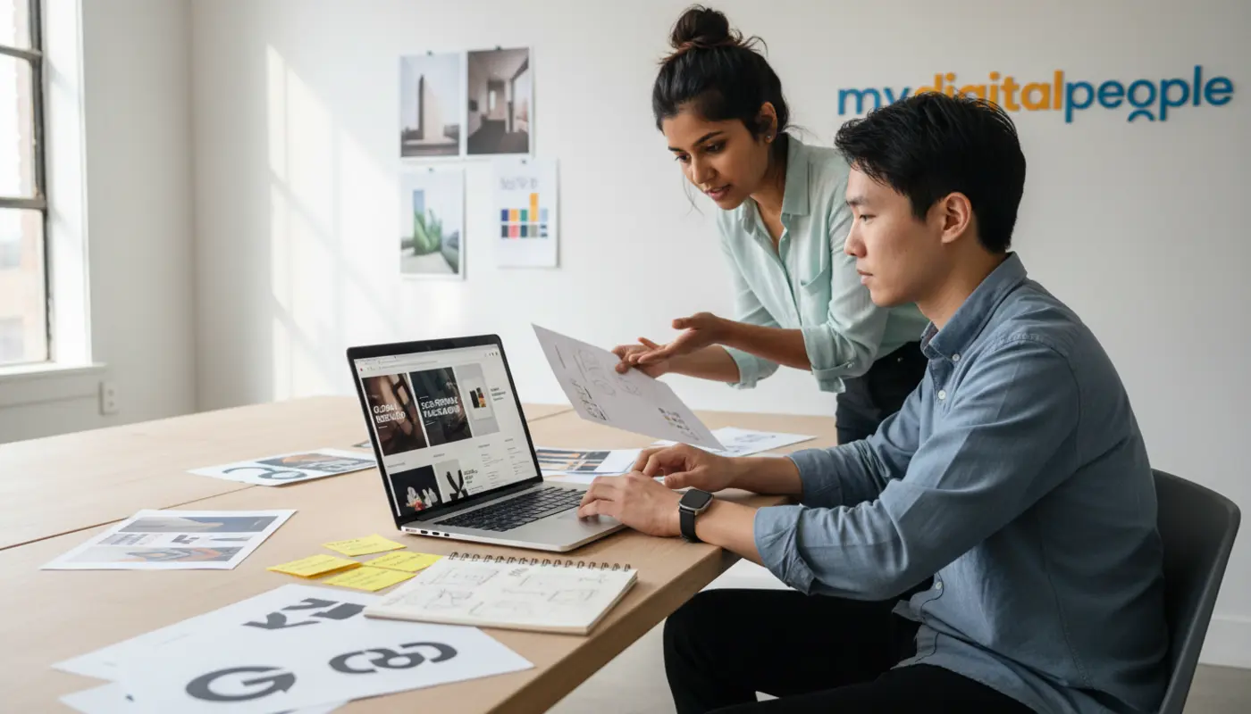 Graphic designer building a professional portfolio in a modern agency workspace