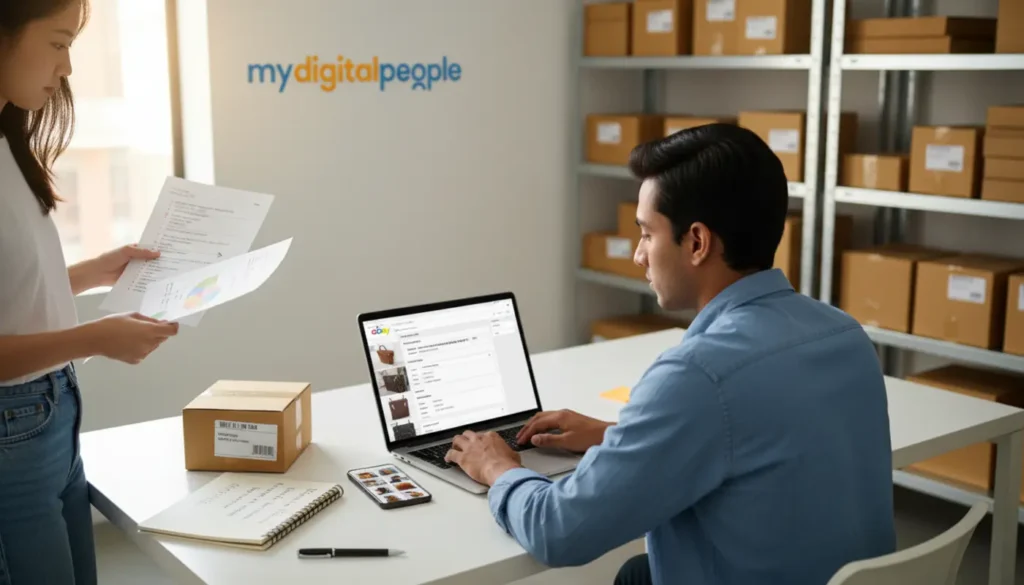 Professionals optimising an eBay listing with keywords and product setup in a modern workspace