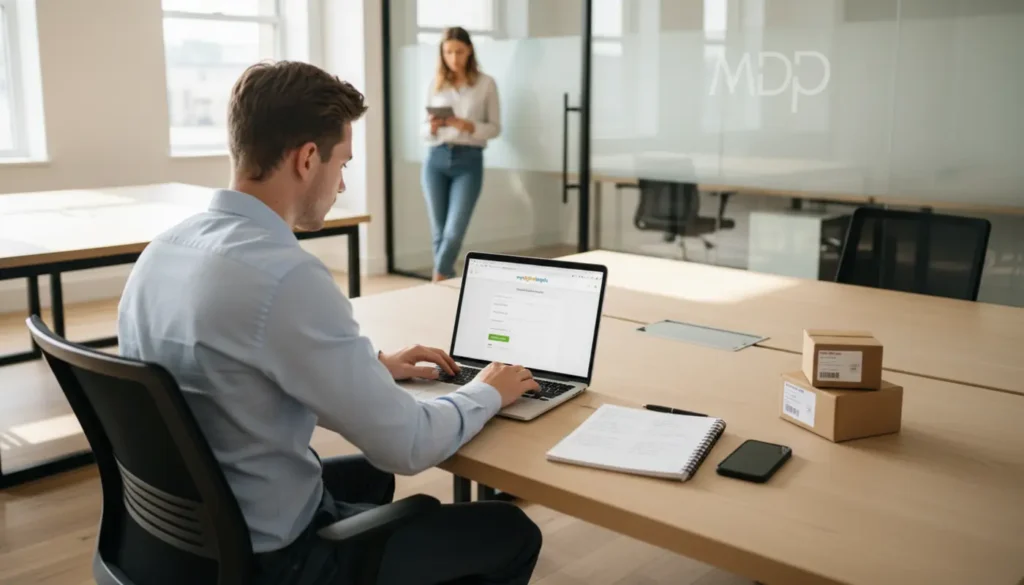 Professional testing Shopify checkout process in a modern digital agency workspace