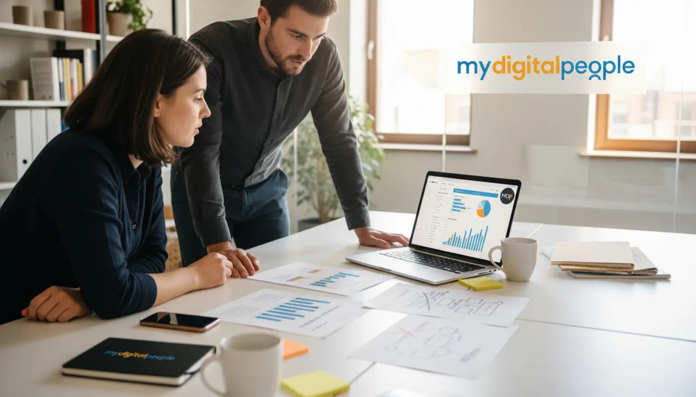 Agency team comparing Mailchimp marketing tools with full CRM features in a modern office