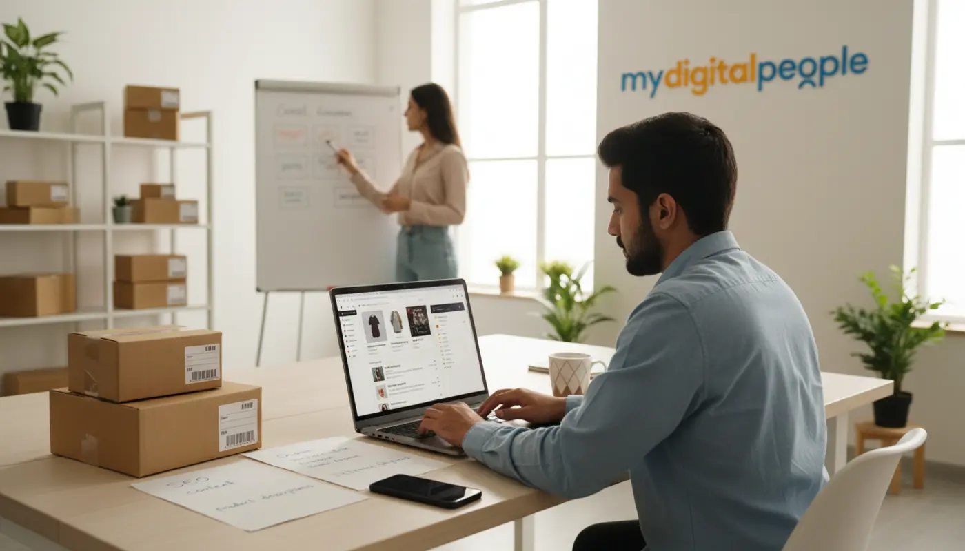 Ecommerce team managing Shopify content and products in a modern office workspace