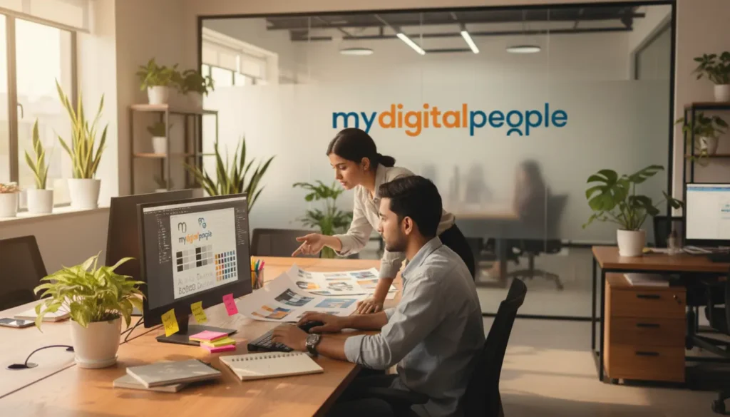 Graphic designers reviewing branding work in a modern Lahore digital agency office