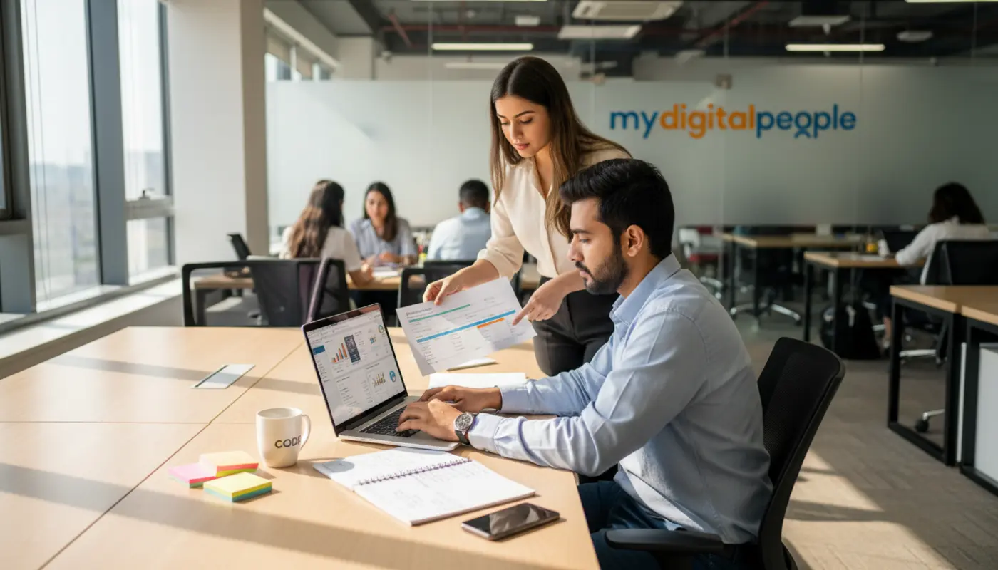 Team analysing SEO reports and keyword strategy in a modern digital marketing office