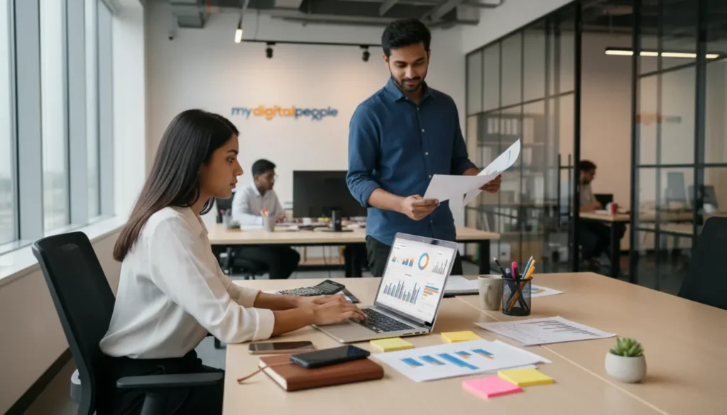 PPC affiliate marketing team reviewing ad reports and click performance in a modern agency office