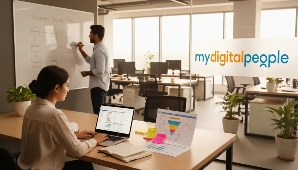 Marketing team planning strategy with analytics, notes, and whiteboard in modern office