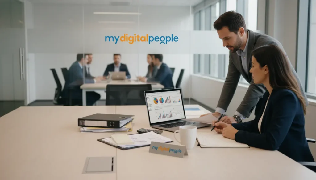 Financial team using CRM software to review client data in a modern office setting