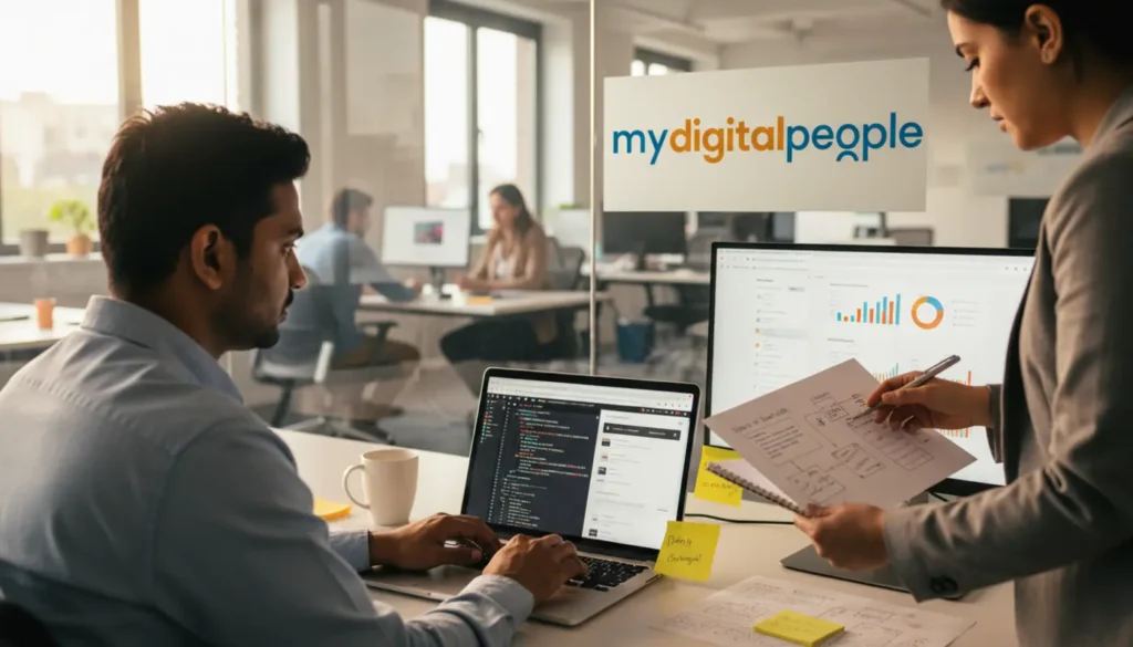 Developers working on PHP backend code and web dashboard in a modern office setting