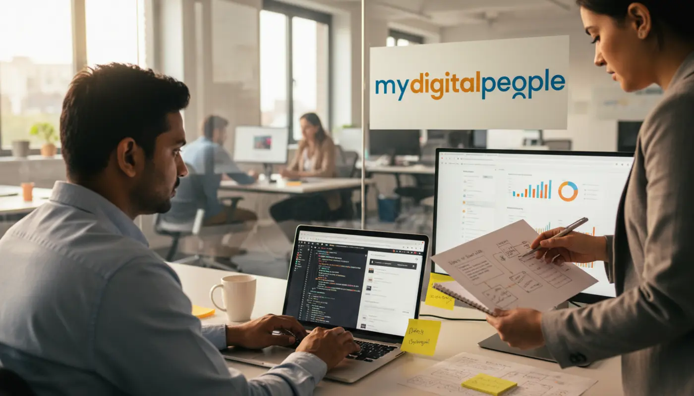 Developers working on PHP backend code and web dashboard in a modern office setting