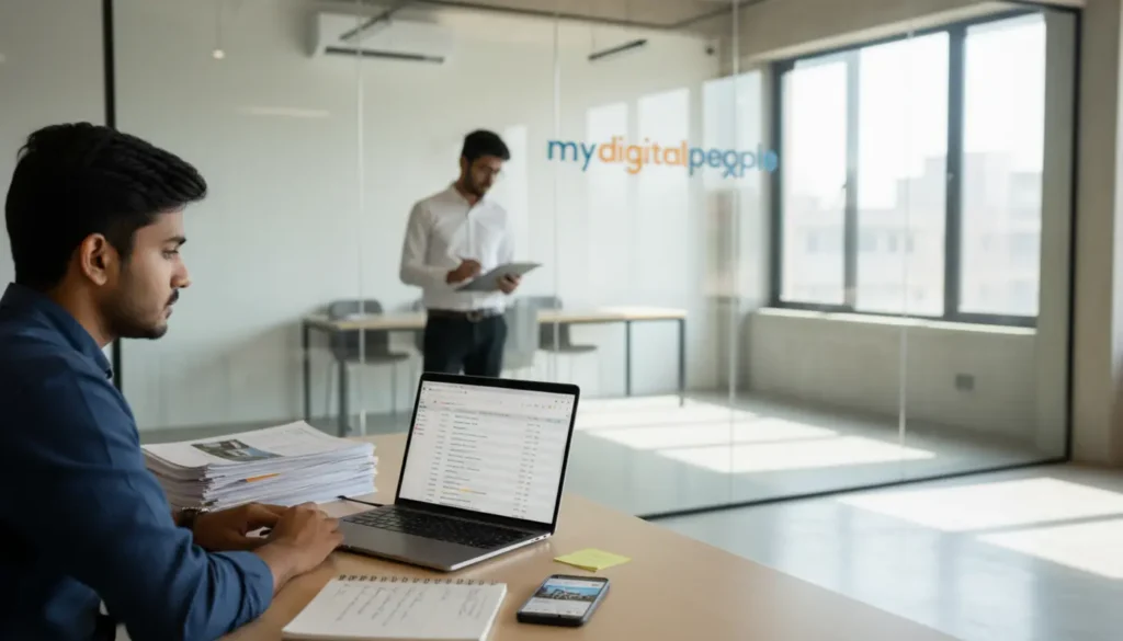 Real estate marketer analysing PPC ad performance and property leads in a modern office