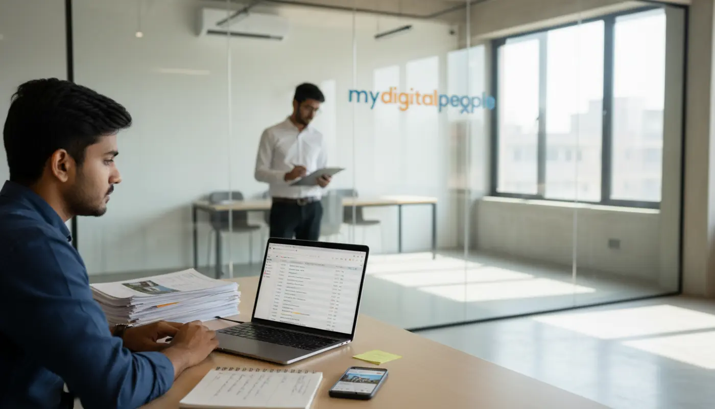Real estate marketer analysing PPC ad performance and property leads in a modern office