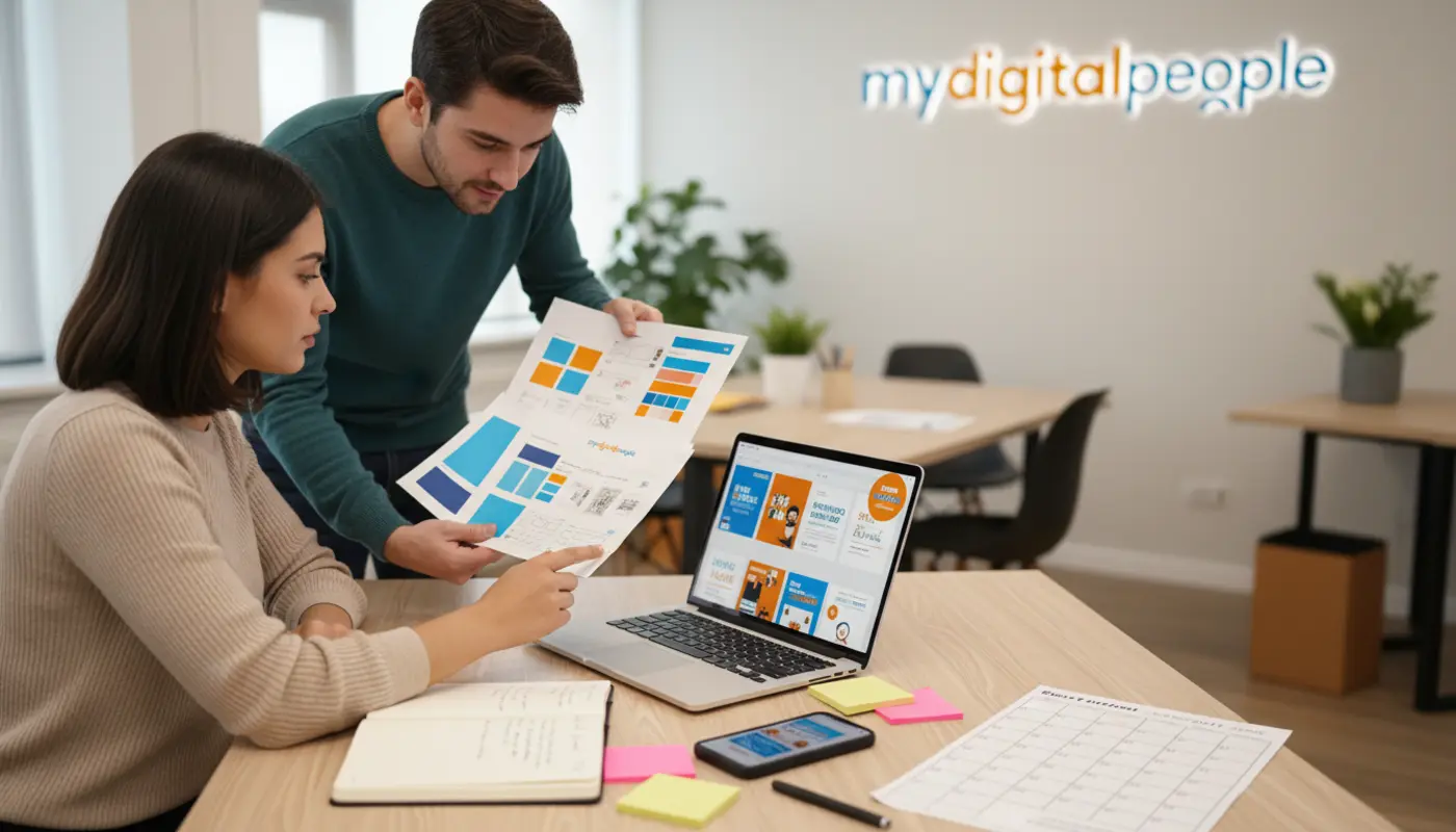 Agency team reviewing social media post mockups and brand guidelines in a modern office