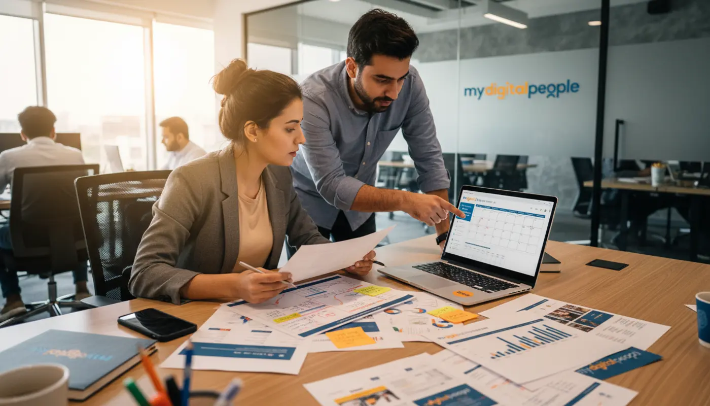 Team aligning an integrated marketing campaign in a modern digital agency office