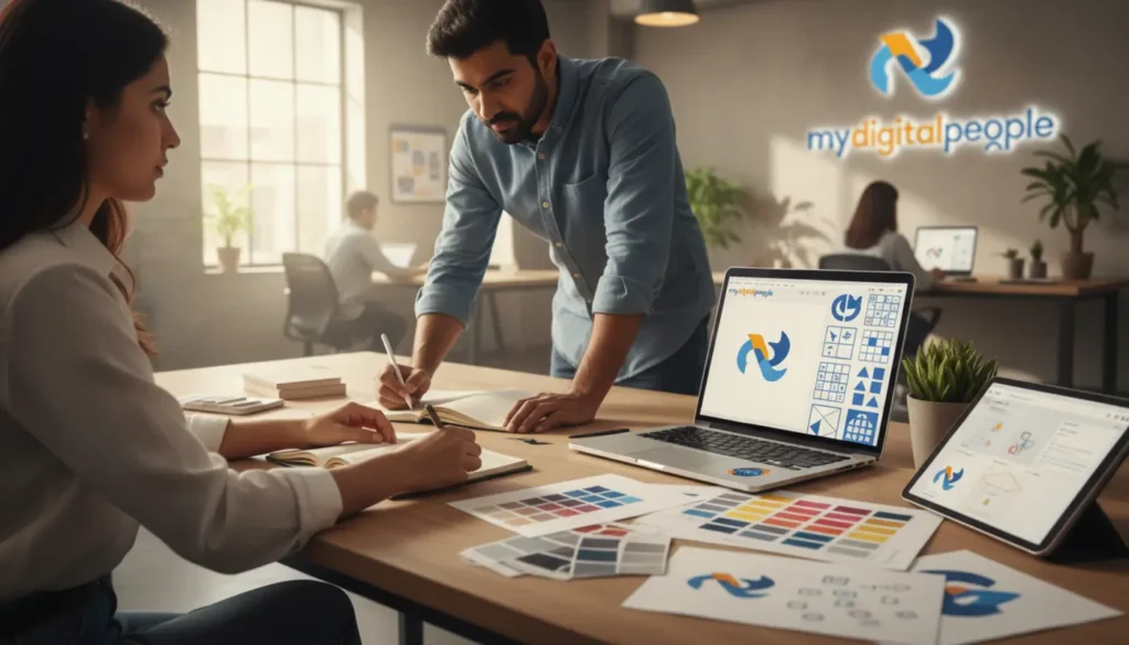 Design team reviewing scalable vector branding concepts in a modern agency workspace