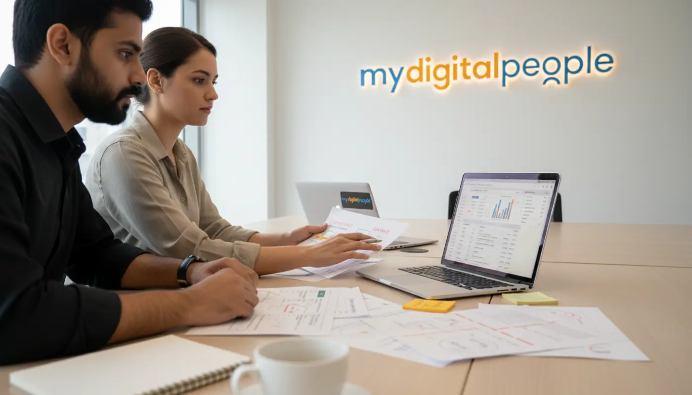 SEO team analysing quality backlinks and outreach strategy in a modern agency office
