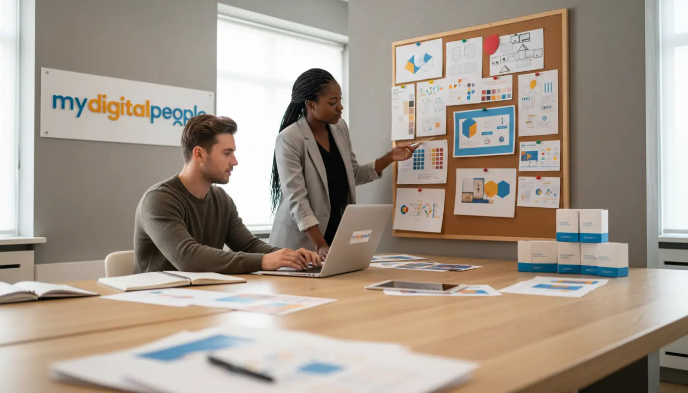 Graphic designers reviewing branding, packaging and marketing visuals in a modern agency office