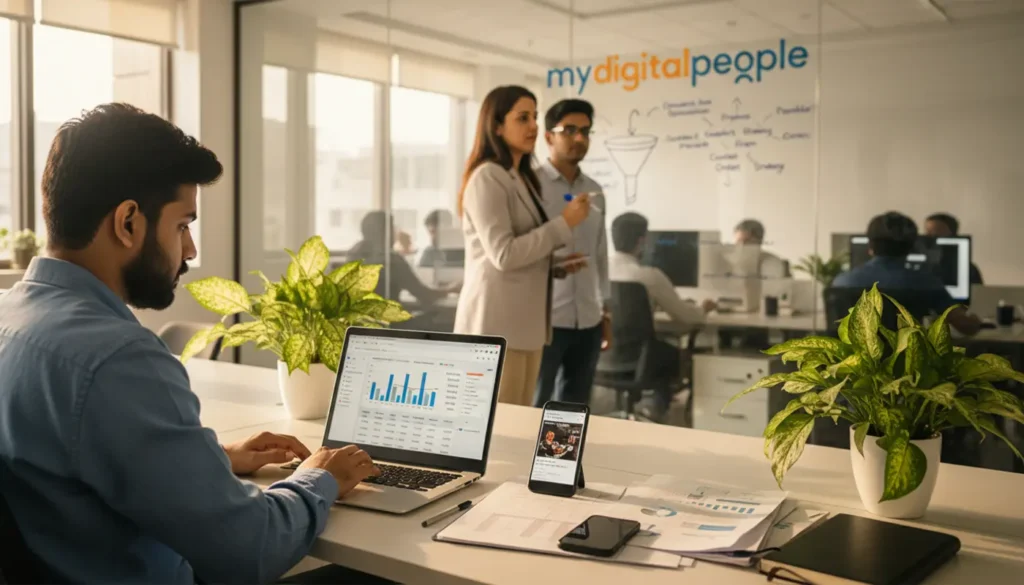 Digital marketers analysing PPC campaign data in a modern office workspace