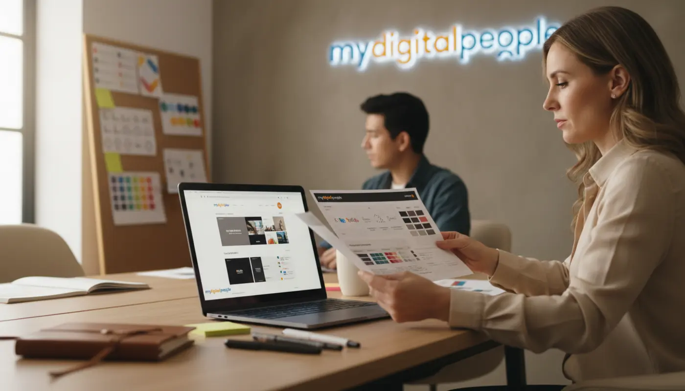 Senior graphic designer reviewing brand guidelines in a modern agency office