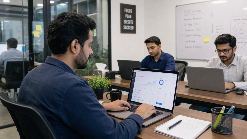 SEO team working in a modern Pakistani office with analytics dashboards and an SEO strategy board.
