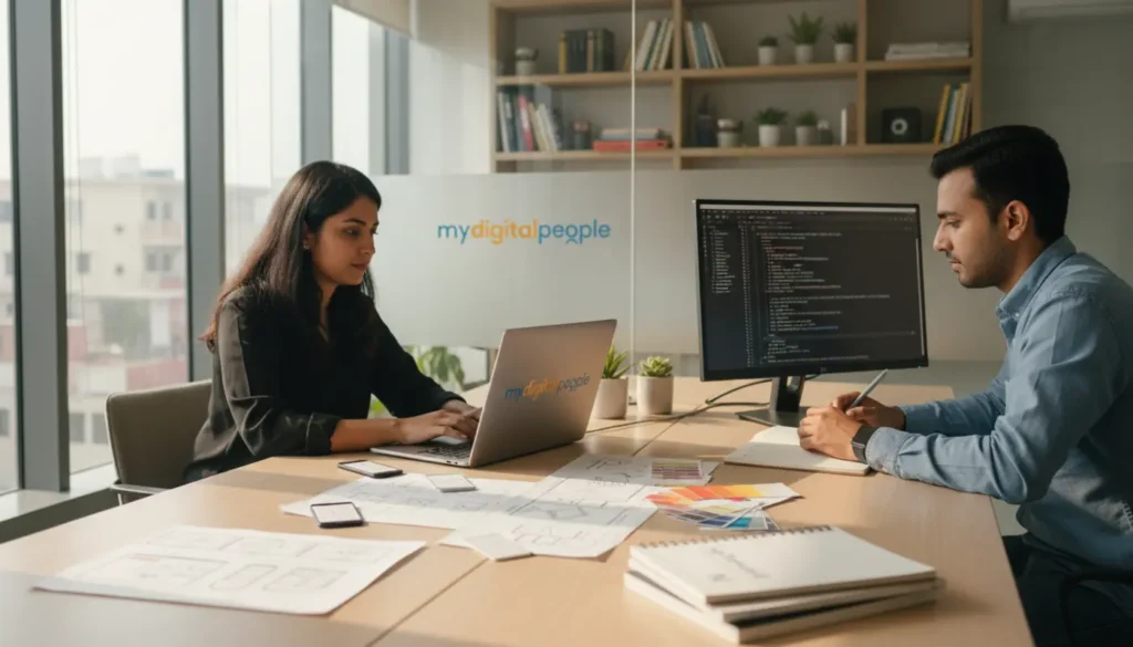 Web designers using AI tools for faster website layouts in a modern agency office