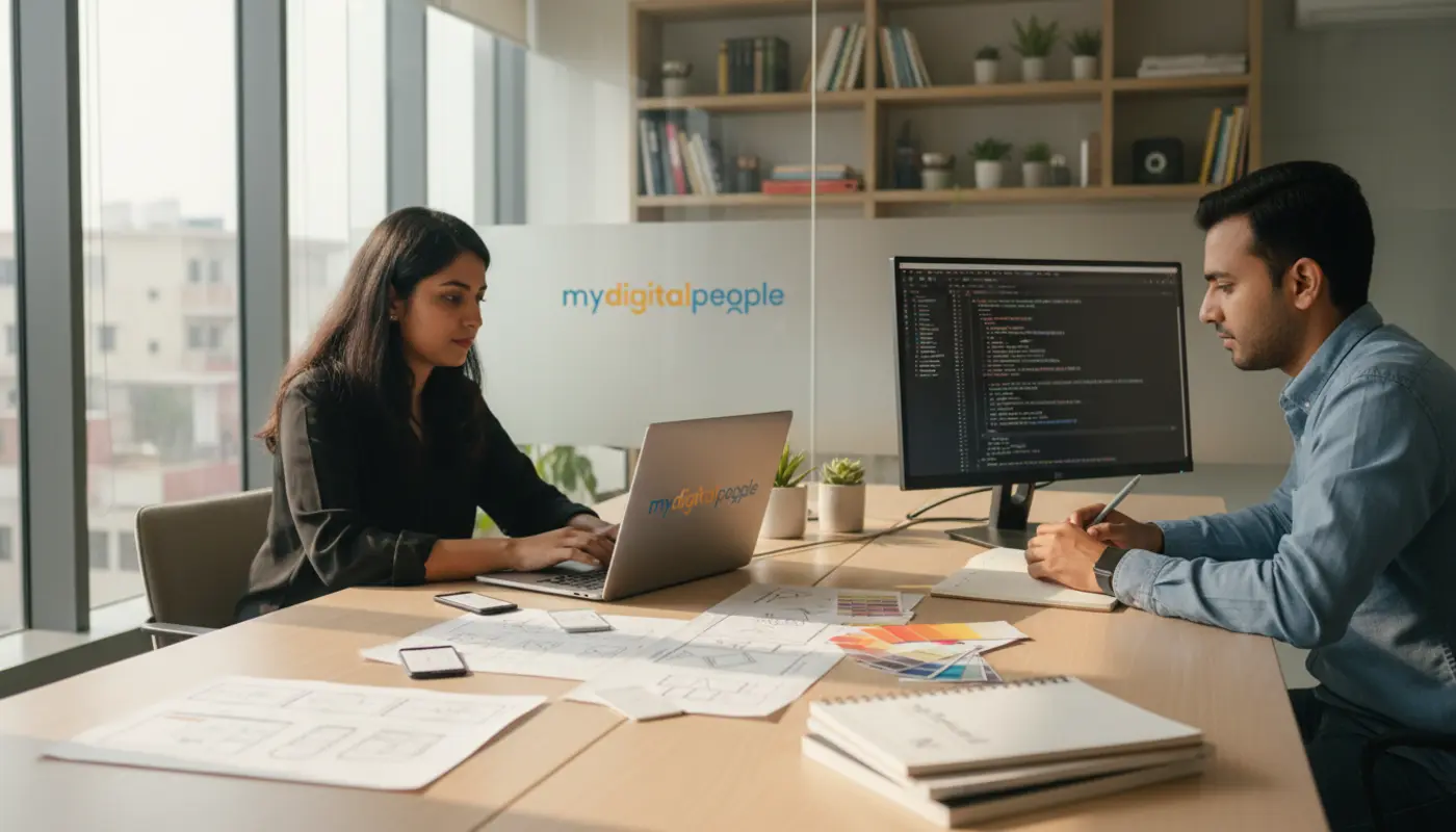 Web designers using AI tools for faster website layouts in a modern agency office