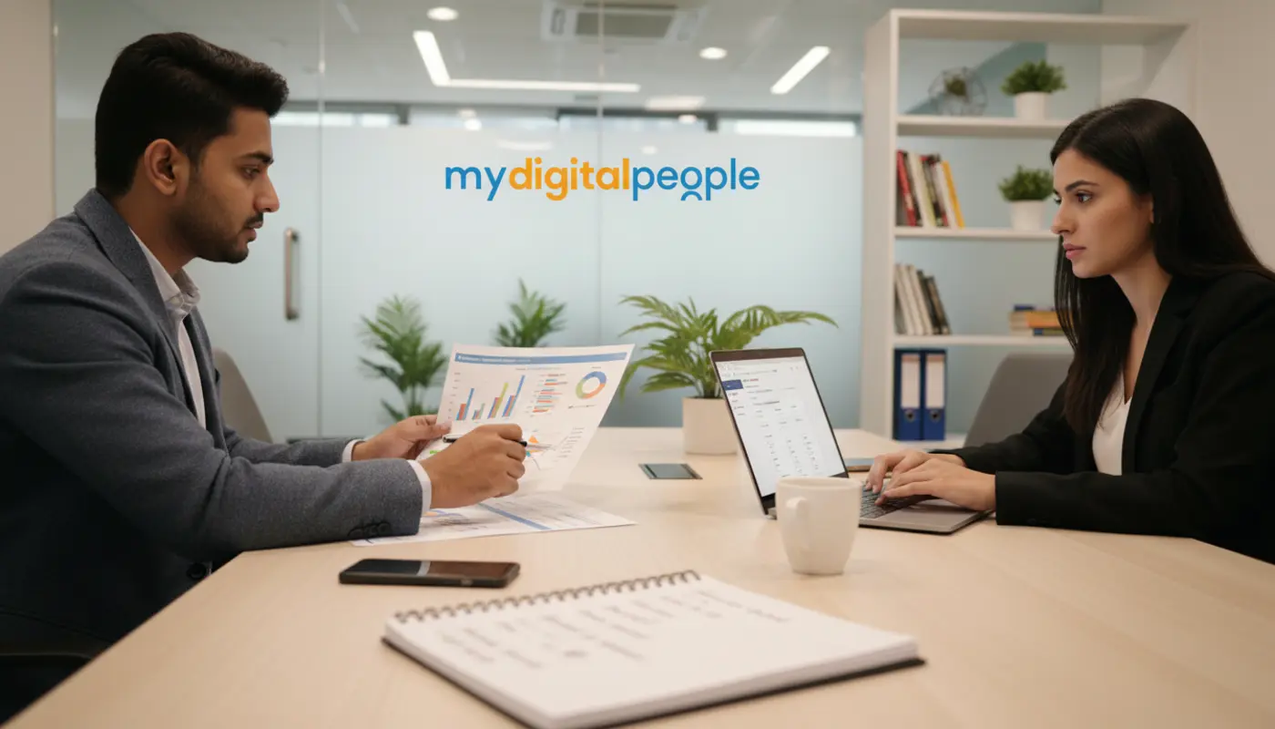 Advertising agency team reviewing lead generation reports in a modern office