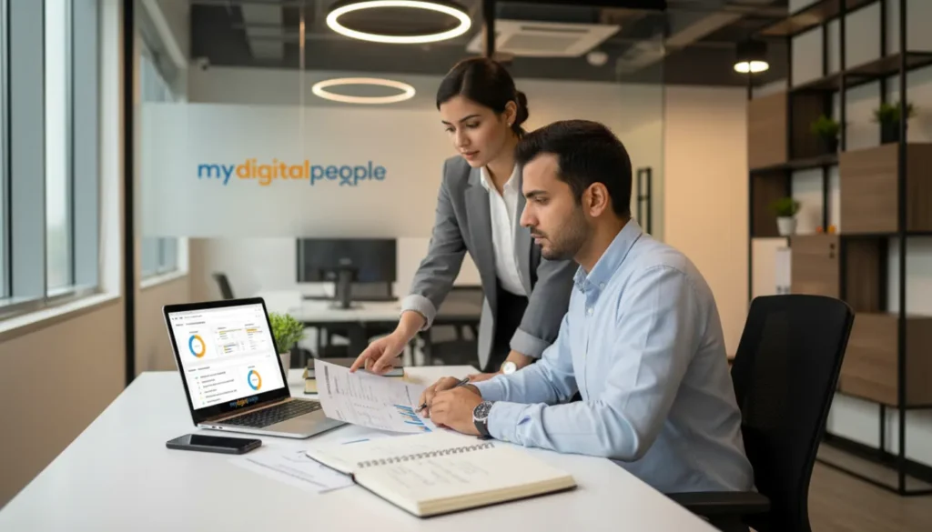 Professionals reviewing a CRM dashboard and customer data reports in a modern agency office