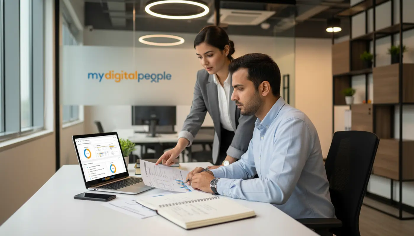 Professionals reviewing a CRM dashboard and customer data reports in a modern agency office
