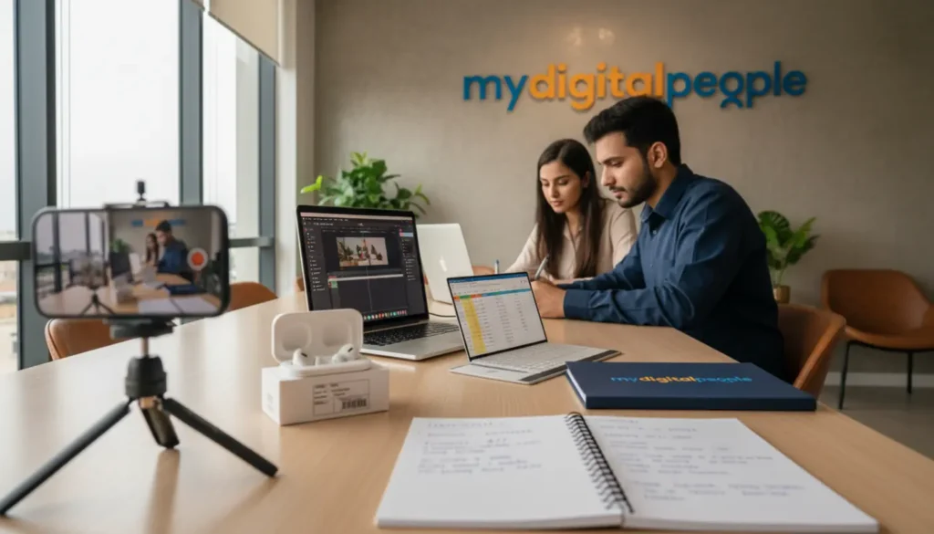 Pakistani marketers planning affiliate social media content in a modern agency office