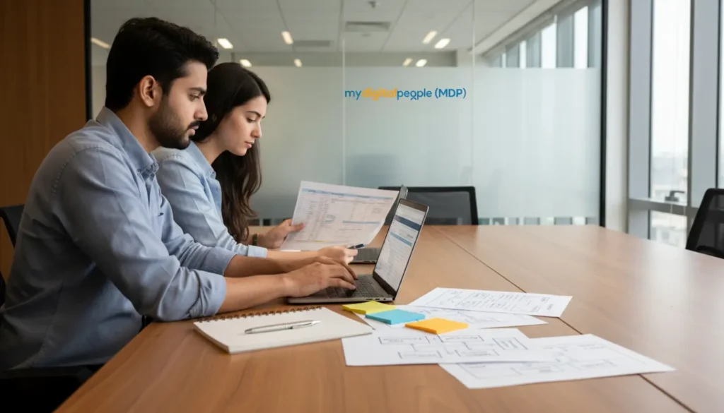 AI strategy team organising knowledge frames in a modern MDP office
