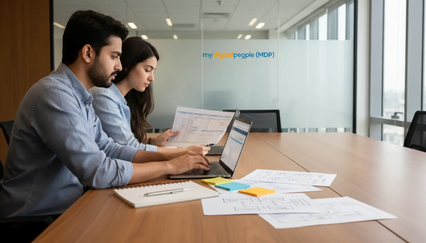 AI strategy team organising knowledge frames in a modern MDP office