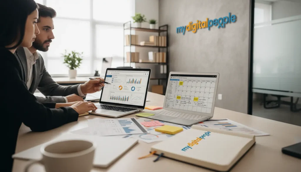 Content marketing team reviewing SEO reports and keyword strategy in a modern agency office