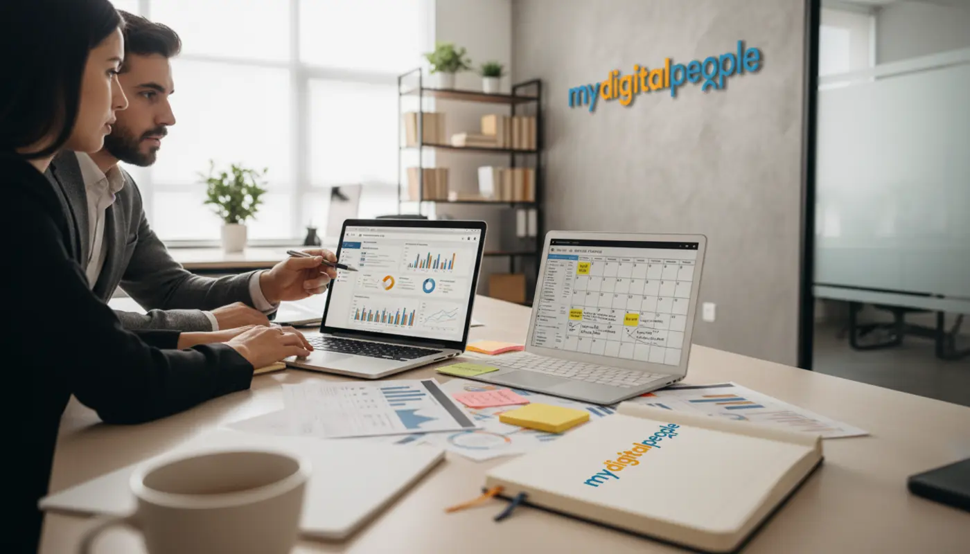 Content marketing team reviewing SEO reports and keyword strategy in a modern agency office