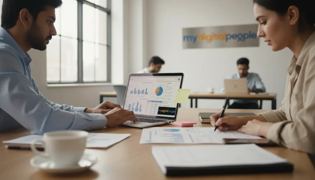 Marketing team using a digital marketing app to plan and track a better campaign
