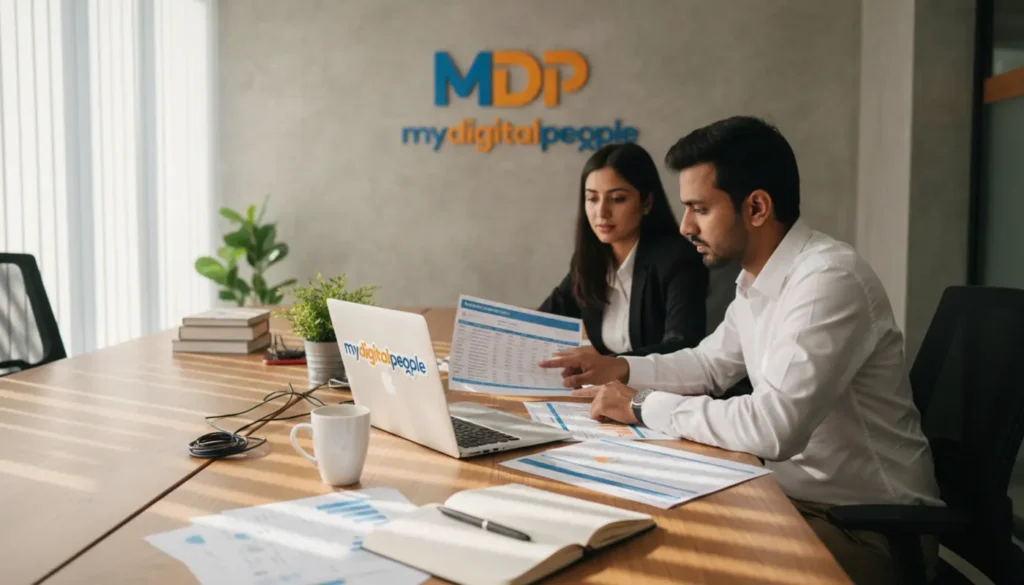 SEO professionals reviewing backlink research reports in a modern My Digital People office